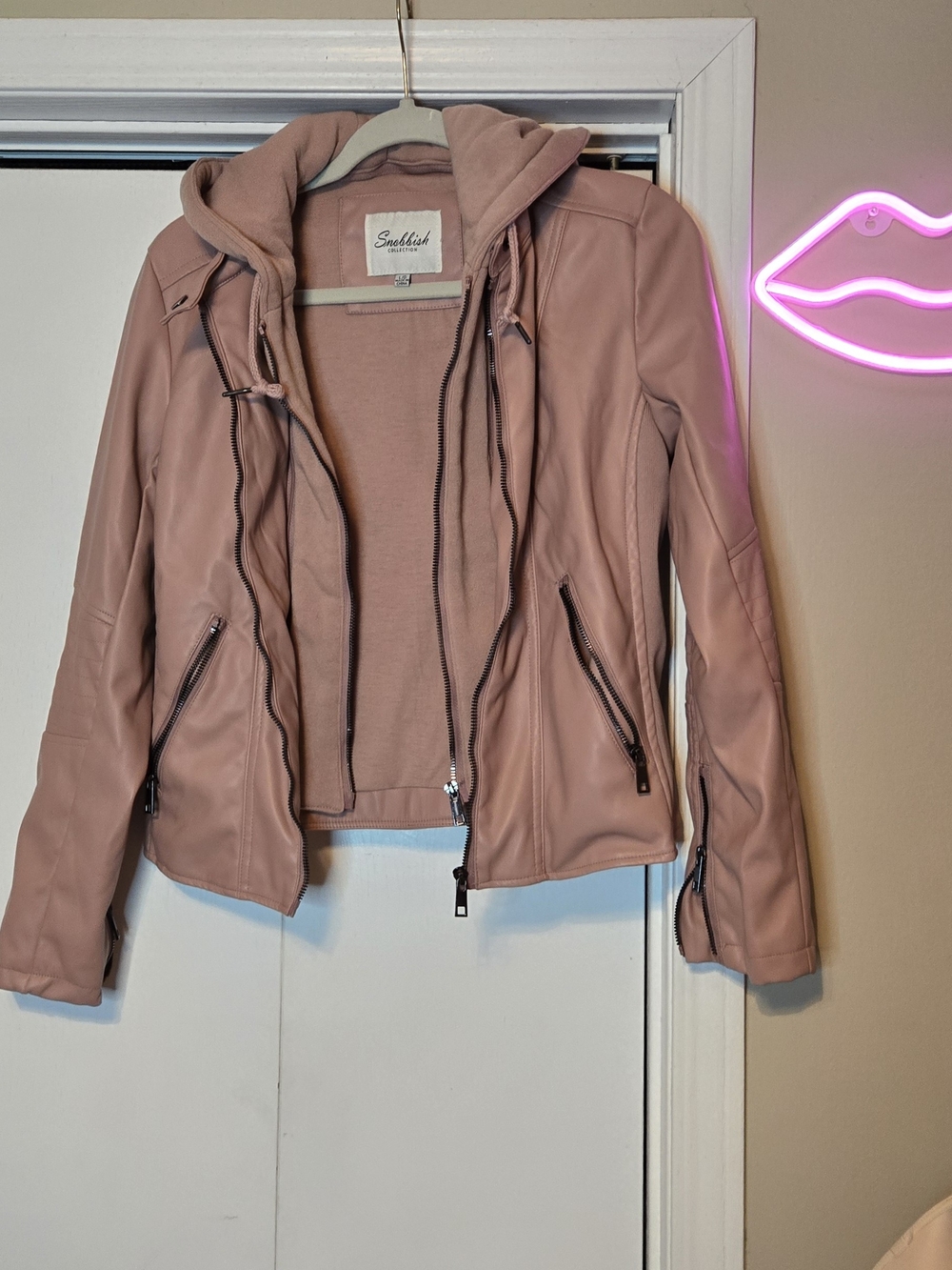 Sudzish Blush Pink Faux Leather Hooded Jacket